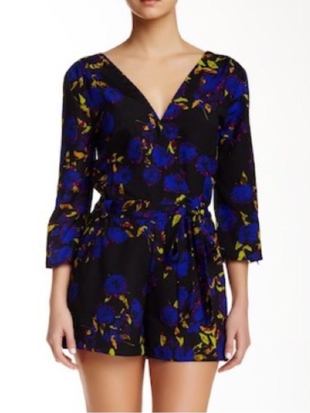 Yummi Kim Floral V-Neck Black,Blue,& Yellow Romper Size-Medium Dark Floral Retro